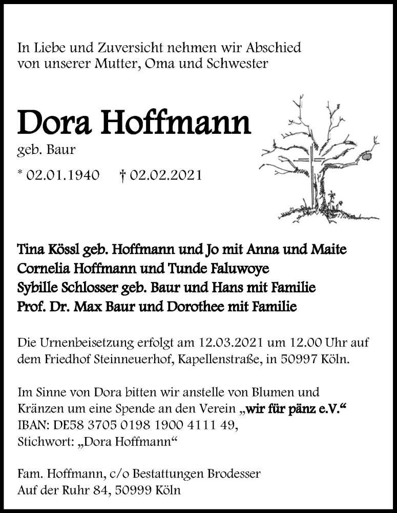  Traueranzeige für Dora Hoffmann vom 13.02.2021 aus Kölner Stadt-Anzeiger / Kölnische Rundschau / Express