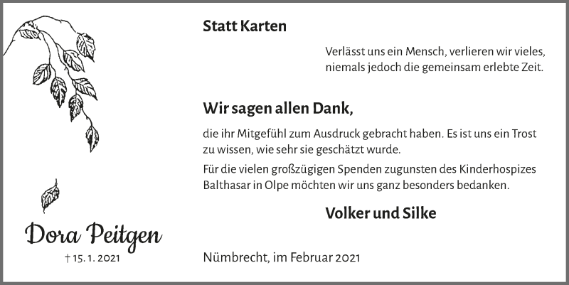  Traueranzeige für Dora Peitgen vom 26.02.2021 aus  Lokalanzeiger 