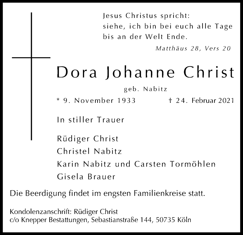  Traueranzeige für Dora Johanne Christ vom 27.02.2021 aus Kölner Stadt-Anzeiger / Kölnische Rundschau / Express