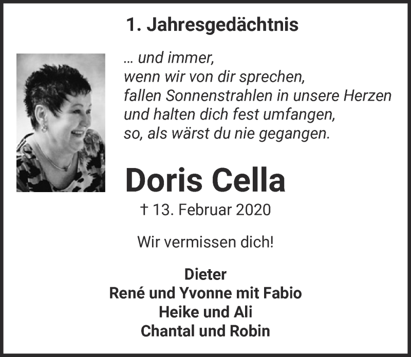  Traueranzeige für Doris Cella vom 12.02.2021 aus  Kölner Wochenspiegel 
