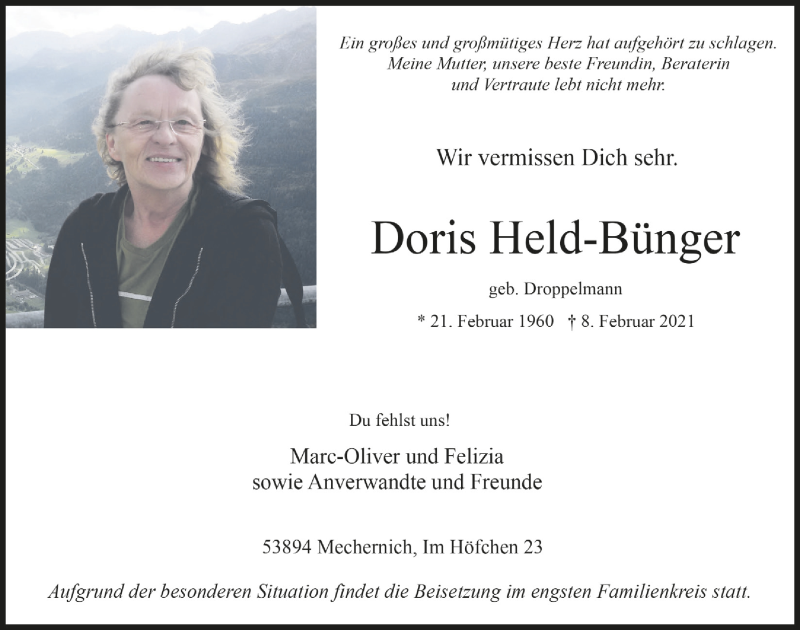  Traueranzeige für Doris Held-Bünger vom 27.02.2021 aus  Blickpunkt Euskirchen 