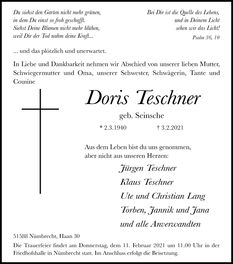 Traueranzeige für Doris Teschner vom 06.02.2021 aus Kölner Stadt-Anzeiger / Kölnische Rundschau / Express