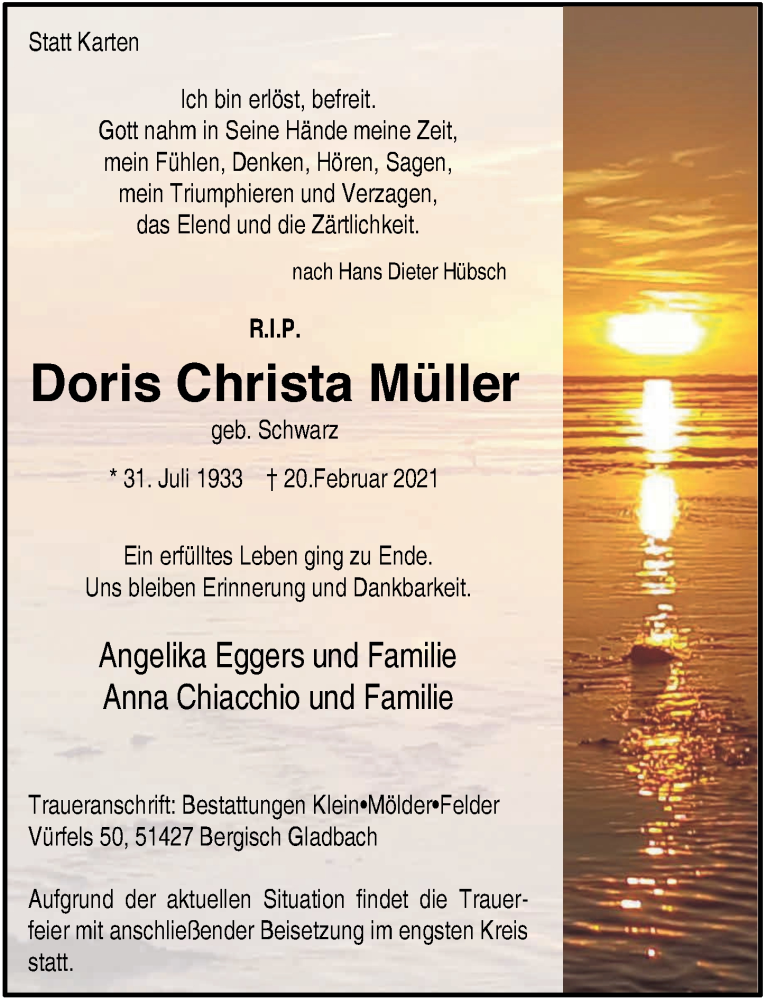  Traueranzeige für Doris Christa Müller vom 26.02.2021 aus  Bergisches Handelsblatt 