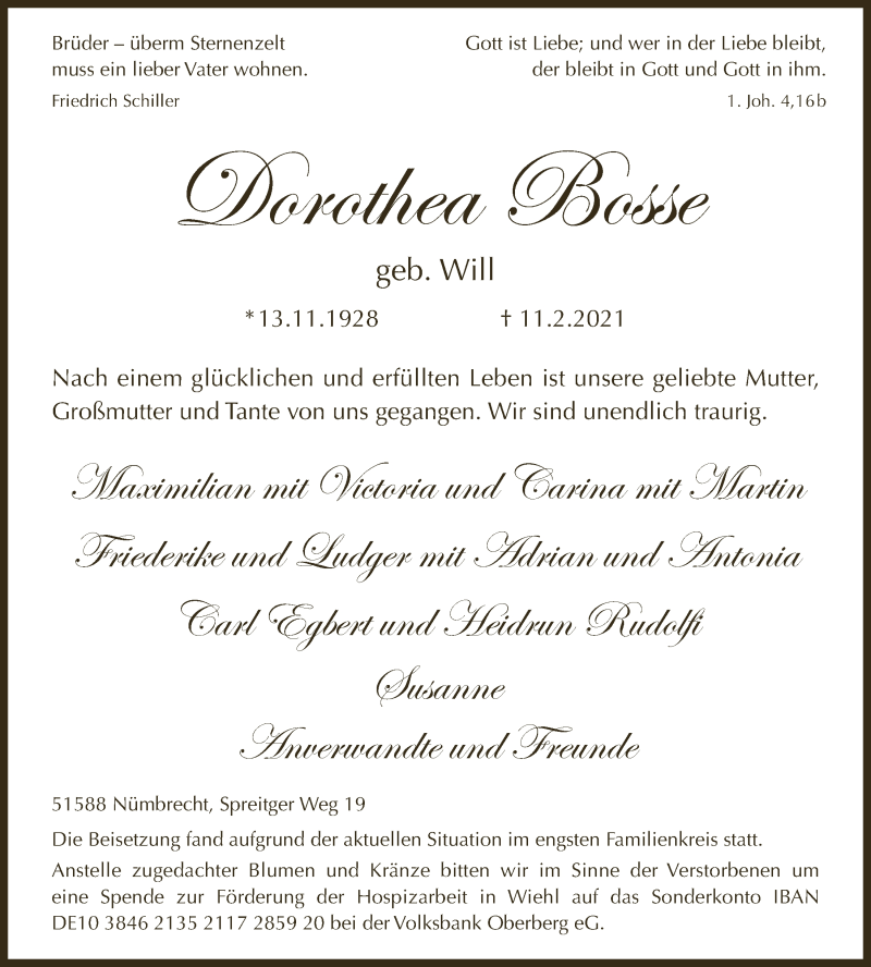  Traueranzeige für Dorothea Bosse vom 19.02.2021 aus  Lokalanzeiger 