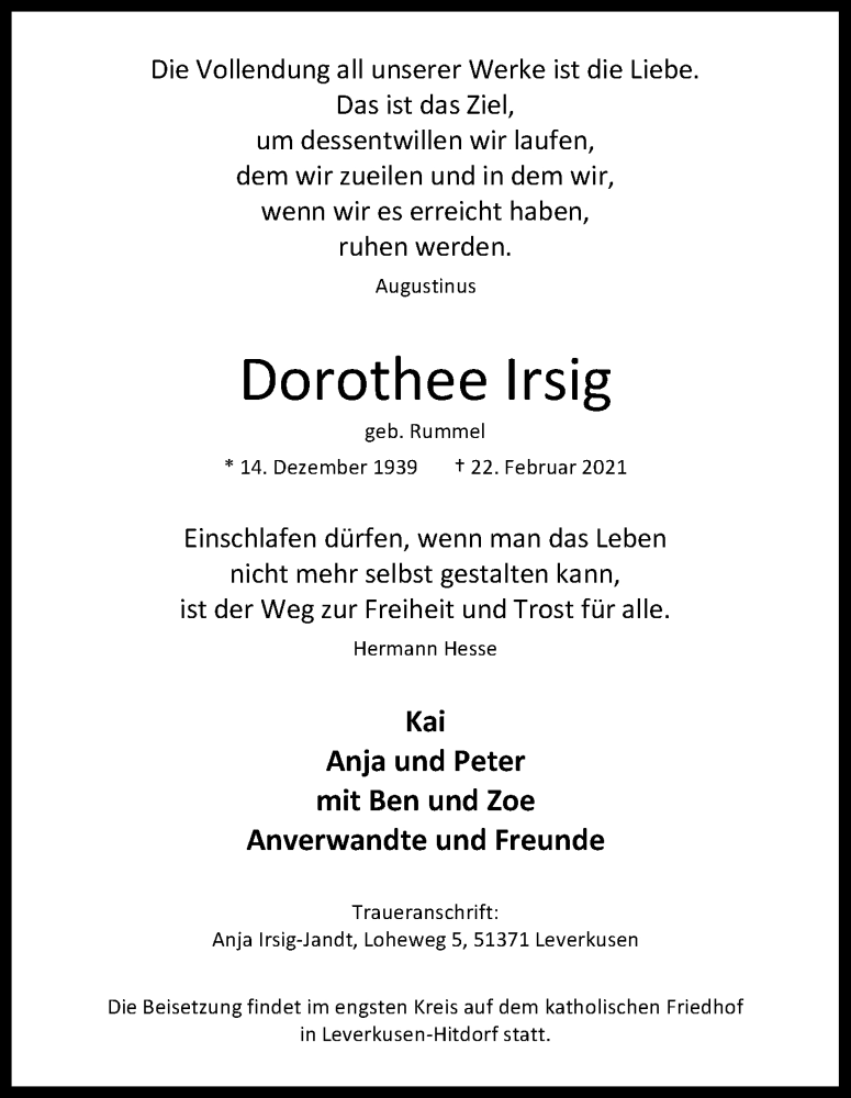  Traueranzeige für Dorothee Irsig vom 27.02.2021 aus Kölner Stadt-Anzeiger / Kölnische Rundschau / Express