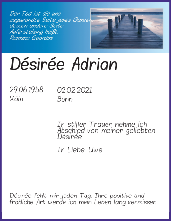 Anzeige von Désirée Adrian von Kölner Stadt-Anzeiger / Kölnische Rundschau / Express