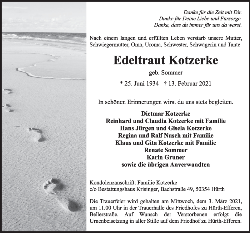  Traueranzeige für Edeltraut Kotzerke vom 26.02.2021 aus  Wochenende 