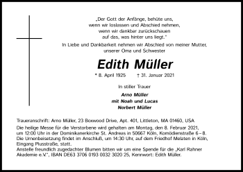 Anzeige von Edith Müller von Kölner Stadt-Anzeiger / Kölnische Rundschau / Express