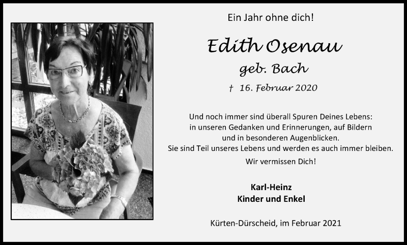  Traueranzeige für Edith Osenau vom 16.02.2021 aus Kölner Stadt-Anzeiger / Kölnische Rundschau / Express