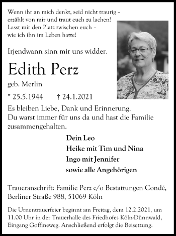Anzeige von Edith Perz von Kölner Stadt-Anzeiger / Kölnische Rundschau / Express