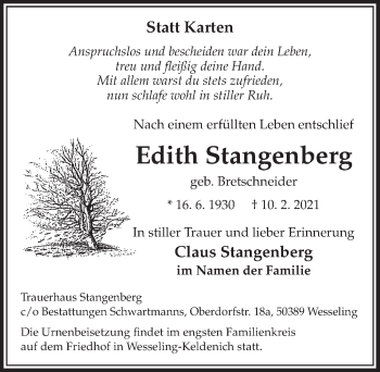Anzeige von Edith Stangenberg von  Schlossbote/Werbekurier 