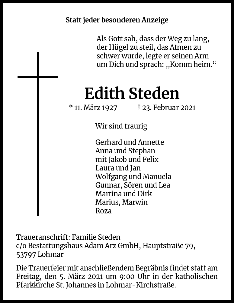  Traueranzeige für Edith Steden vom 27.02.2021 aus Kölner Stadt-Anzeiger / Kölnische Rundschau / Express