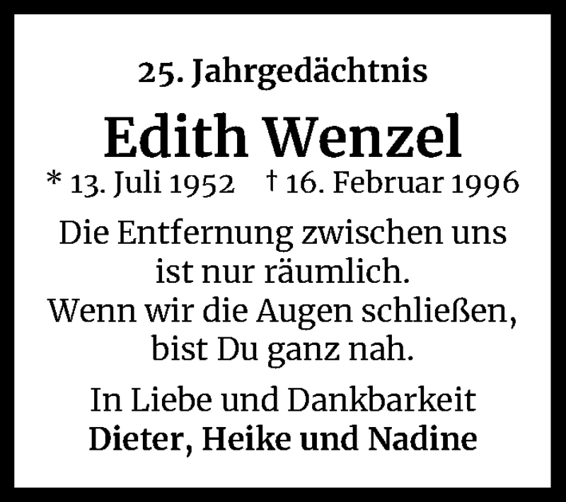  Traueranzeige für Edith Wenzel vom 16.02.2021 aus Kölner Stadt-Anzeiger / Kölnische Rundschau / Express