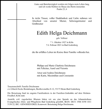 Anzeige von Edith Helga Deichmann von Kölner Stadt-Anzeiger / Kölnische Rundschau / Express