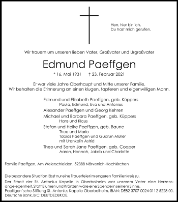 Anzeige von Edmund Paeffgen von Kölner Stadt-Anzeiger / Kölnische Rundschau / Express