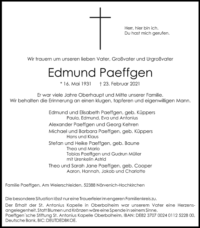  Traueranzeige für Edmund Paeffgen vom 27.02.2021 aus Kölner Stadt-Anzeiger / Kölnische Rundschau / Express