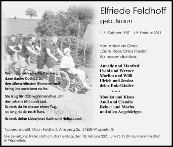 Anzeige von Elfriede Feldhoff von Kölner Stadt-Anzeiger / Kölnische Rundschau / Express