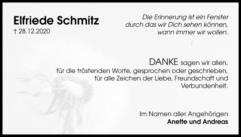  Traueranzeige für Elfriede Schmitz vom 06.02.2021 aus Kölner Stadt-Anzeiger / Kölnische Rundschau / Express