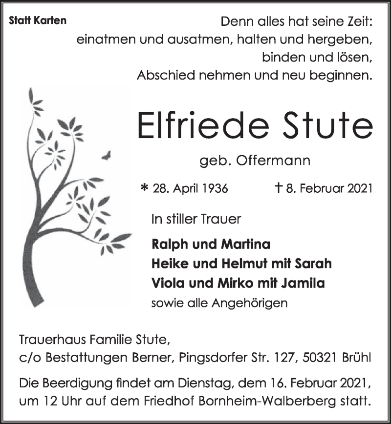  Traueranzeige für Elfriede Stute vom 12.02.2021 aus  Schlossbote/Werbekurier 