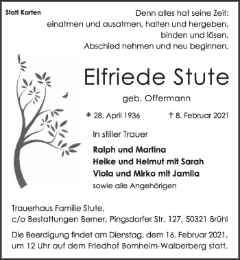 Anzeige von Elfriede Stute von  Schlossbote/Werbekurier 