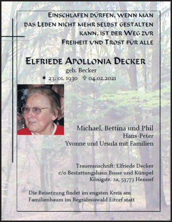 Anzeige von Elfriede Apollonia Decker von Kölner Stadt-Anzeiger / Kölnische Rundschau / Express