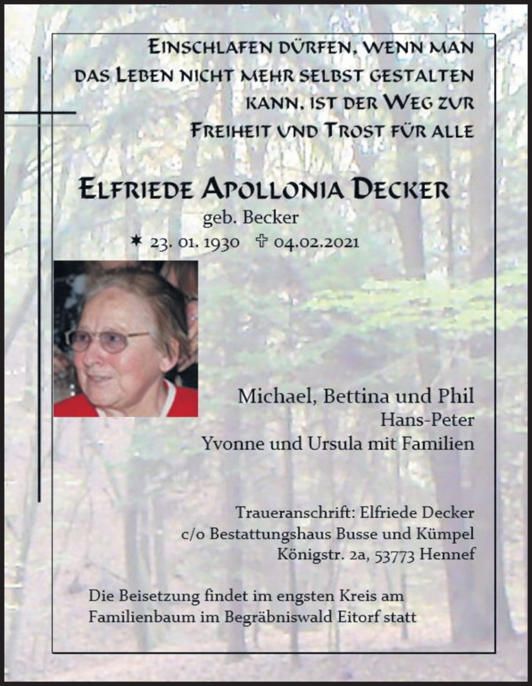  Traueranzeige für Elfriede Apollonia Decker vom 06.02.2021 aus Kölner Stadt-Anzeiger / Kölnische Rundschau / Express