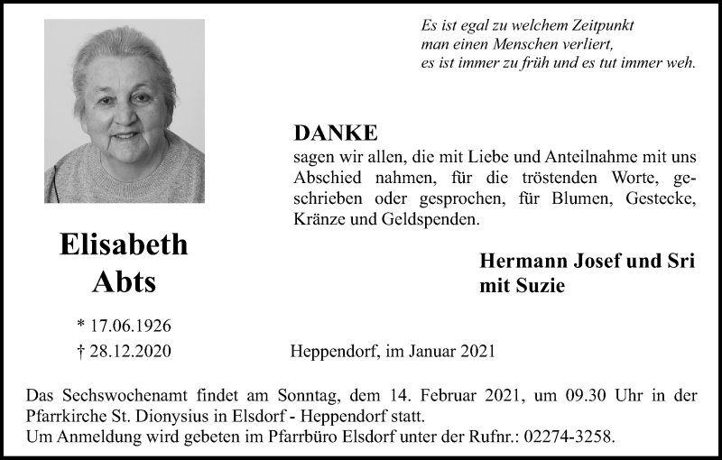  Traueranzeige für Elisabeth Abts vom 06.02.2021 aus Kölner Stadt-Anzeiger / Kölnische Rundschau / Express