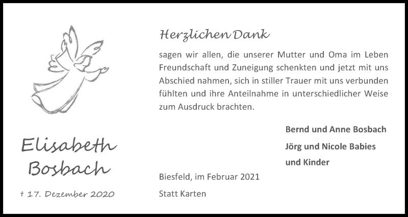  Traueranzeige für Elisabeth Bosbach vom 06.02.2021 aus Kölner Stadt-Anzeiger / Kölnische Rundschau / Express