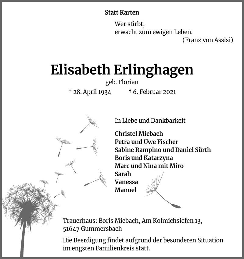  Traueranzeige für Elisabeth Erlinghagen vom 13.02.2021 aus Kölner Stadt-Anzeiger / Kölnische Rundschau / Express