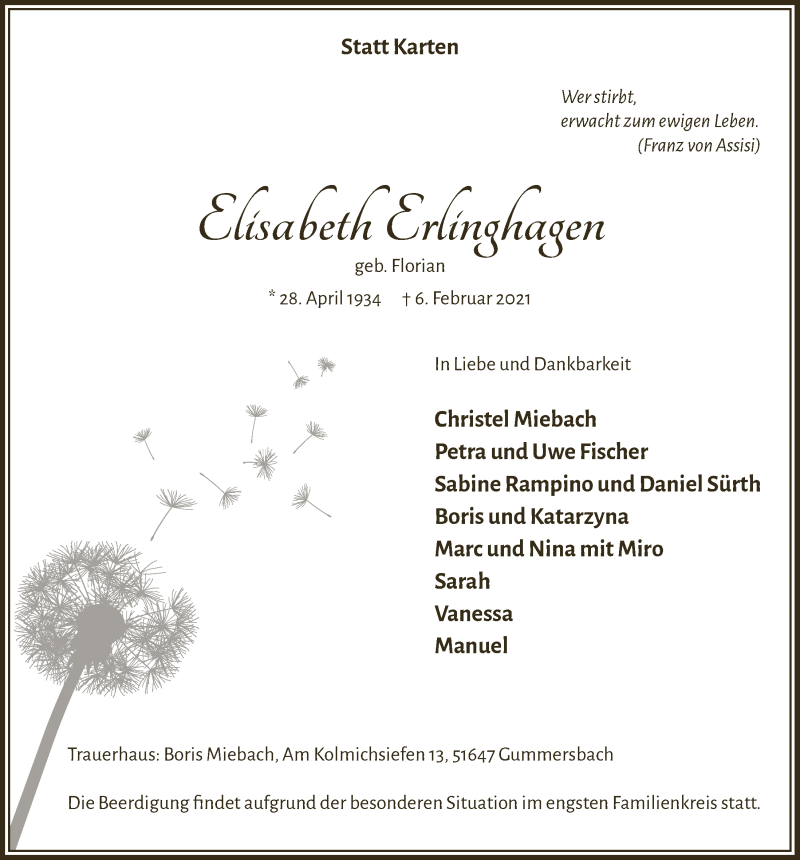  Traueranzeige für Elisabeth Erlinghagen vom 12.02.2021 aus  Anzeigen Echo 