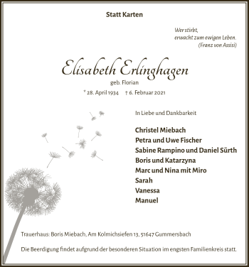 Anzeige von Elisabeth Erlinghagen von  Anzeigen Echo 