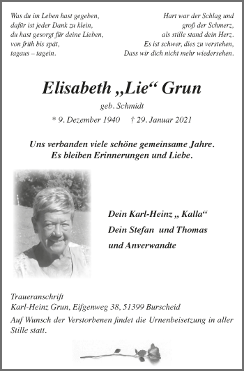 Anzeige von Elisabeth Grun von  Lokale Informationen 