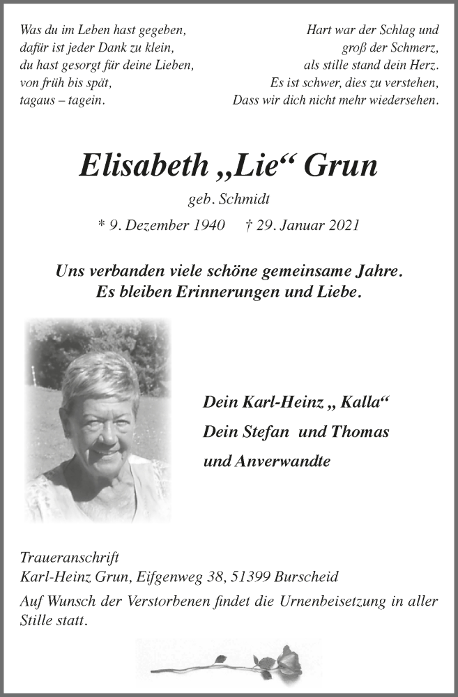  Traueranzeige für Elisabeth Grun vom 12.02.2021 aus  Lokale Informationen 