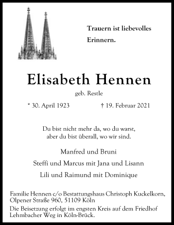 Anzeige von Elisabeth Hennen von Kölner Stadt-Anzeiger / Kölnische Rundschau / Express