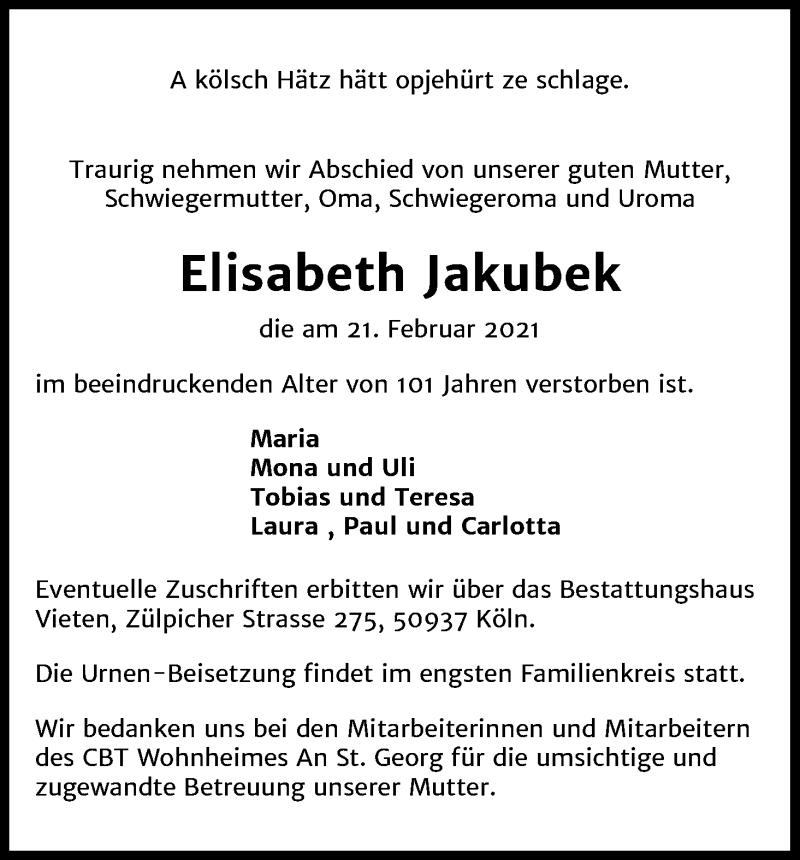  Traueranzeige für Elisabeth Jakubek vom 27.02.2021 aus Kölner Stadt-Anzeiger / Kölnische Rundschau / Express