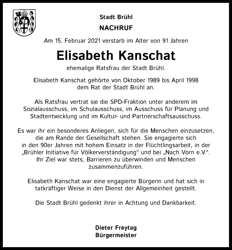  Traueranzeige für Elisabeth Kanschat vom 27.02.2021 aus Kölner Stadt-Anzeiger / Kölnische Rundschau / Express