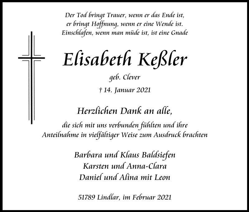  Traueranzeige für Elisabeth Keßler vom 13.02.2021 aus Kölner Stadt-Anzeiger / Kölnische Rundschau / Express