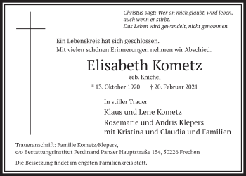 Anzeige von Elisabeth Kometz von  Wochenende 