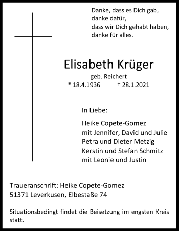 Anzeige von Elisabeth Krüger von Kölner Stadt-Anzeiger / Kölnische Rundschau / Express