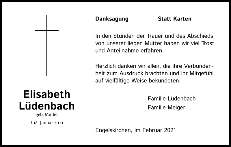  Traueranzeige für Elisabeth Lüdenbach vom 20.02.2021 aus Kölner Stadt-Anzeiger / Kölnische Rundschau / Express