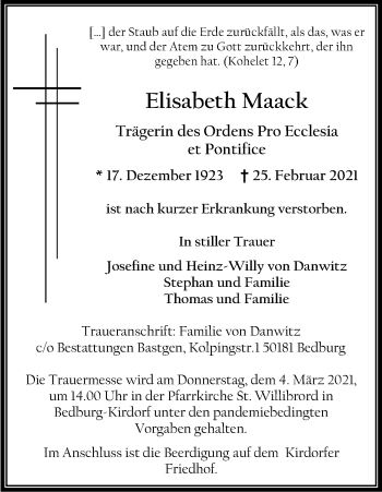 Anzeige von Elisabeth Maack von Kölner Stadt-Anzeiger / Kölnische Rundschau / Express