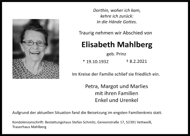  Traueranzeige für Elisabeth Mahlberg vom 20.02.2021 aus  Blickpunkt Euskirchen 
