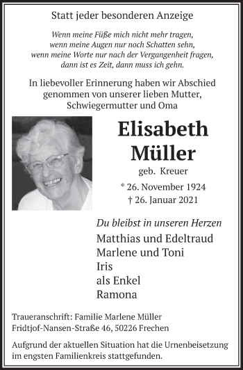 Anzeige von Elisabeth Müller von  Wochenende 