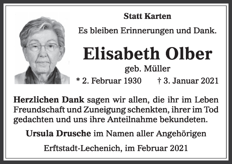  Traueranzeige für Elisabeth Olber vom 05.02.2021 aus  Werbepost 