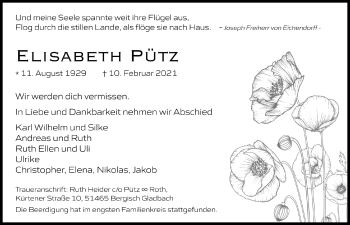 Anzeige von Elisabeth Pütz von  Bergisches Handelsblatt 