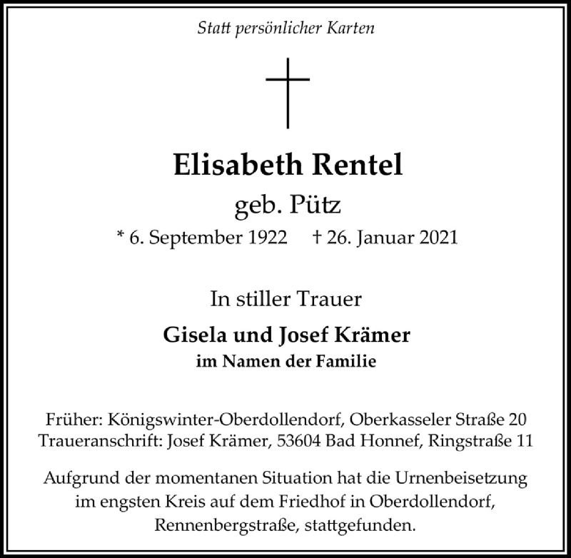  Traueranzeige für Elisabeth Rentel vom 12.02.2021 aus  Extra Blatt 
