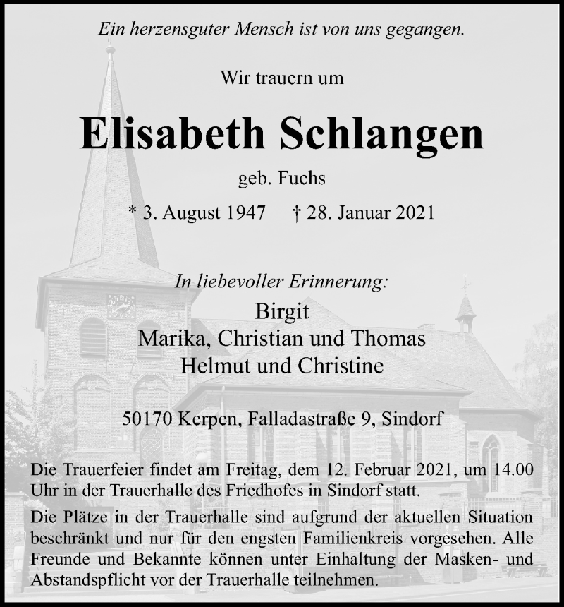  Traueranzeige für Elisabeth Schlangen vom 06.02.2021 aus Kölner Stadt-Anzeiger / Kölnische Rundschau / Express