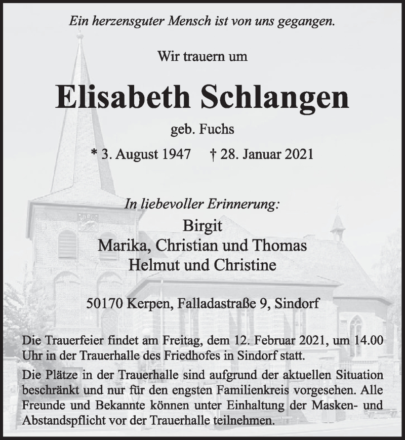  Traueranzeige für Elisabeth Schlangen vom 05.02.2021 aus  Werbepost 