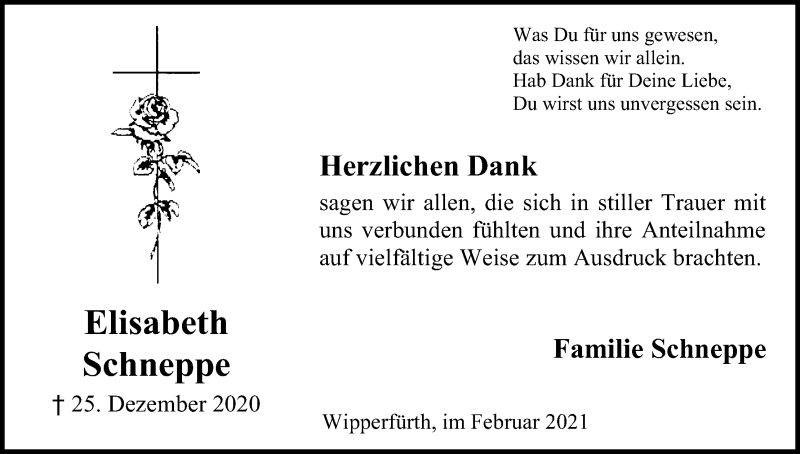  Traueranzeige für Elisabeth Schneppe vom 06.02.2021 aus Kölner Stadt-Anzeiger / Kölnische Rundschau / Express