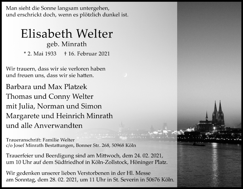  Traueranzeige für Elisabeth Welter vom 20.02.2021 aus Kölner Stadt-Anzeiger / Kölnische Rundschau / Express